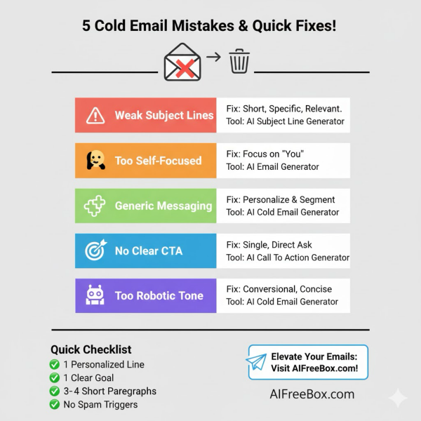 5 Cold Email Mistakes and Quick Fixes Infographic