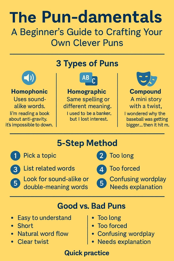 A simple infographic explaining three types of puns, a 5-step method for writing puns, and a quick good-vs-bad pun comparison, arranged in clean, easy-to-read sections.