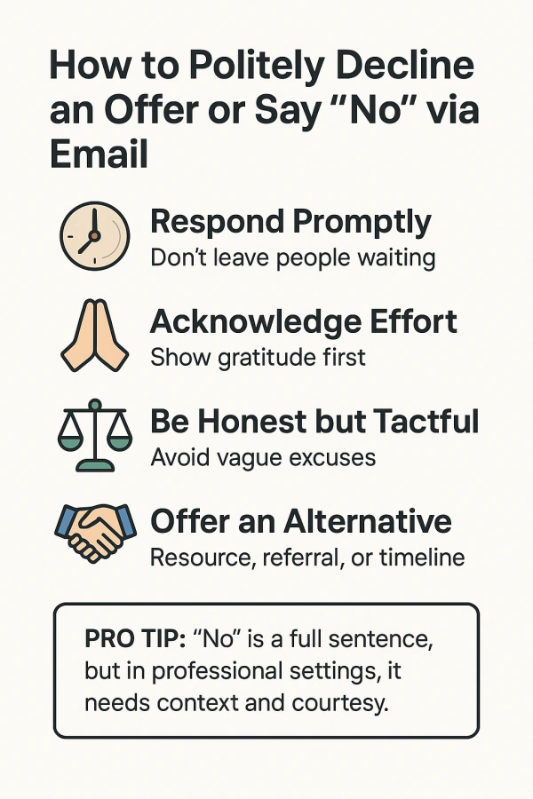 Infographic on how to politely decline an email request with clear steps.