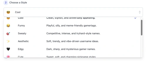 Gamertag Generator style selection interface with options like cool, funny, edgy and aesthetic